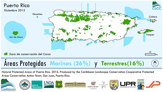 Map of Puerto Rico terrestrial and marine protected areas.