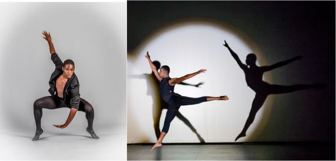 Two photos of Lathan: one is a professional studio shot where he is posed in a forward crouching position. The other is from a dance concert and shows him leaping through the air with the spotlight showing his shadow behind.