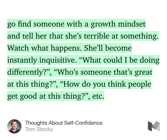 “…go find someone with a growth mindset and tell her that she’s terrible at something. Watch what happens. She’ll become instantly inquisitive. ‘What could I be doing differently?’, ‘Who’s someone that’s great at this thing?’, ‘How do you think people get good at this thing?’, etc.…” from “Thoughts About Self-Confidence” by Tom Stocky.