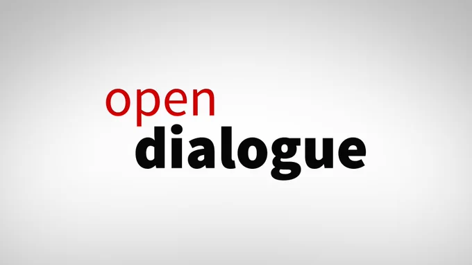 The Open Dialogue program logo. The red text "open" sits atop the black text "dialogue" on a white field.