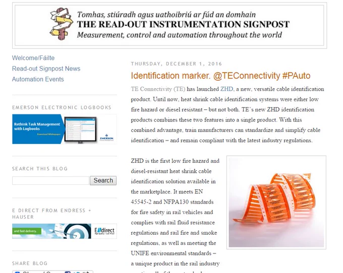 Article in Read-out Instrumentation Signpost http://instsignpost.blogspot.in/ TE Connectivity Launches ZHD – the first cable identification marker to deliver both low fire hazard and diesel-resistance