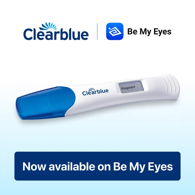 Clearblue pregnancy test showing the result "Pregnant" together with the text "Now available on Be My Eyes". At the top of the image are the logos of Clearblue and Be My Eyes.