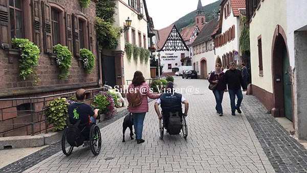 Grupo de personas, varios en silla de ruedas y una persona ciega con su perro guía, paseando por St Martín un pueblo alemán con calles empedradas y edificios medievales.