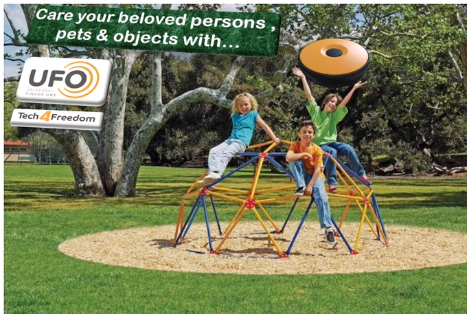 Three kids playing alone in a garden feeling safe, because UFOs in their pockets cares of their location permanently