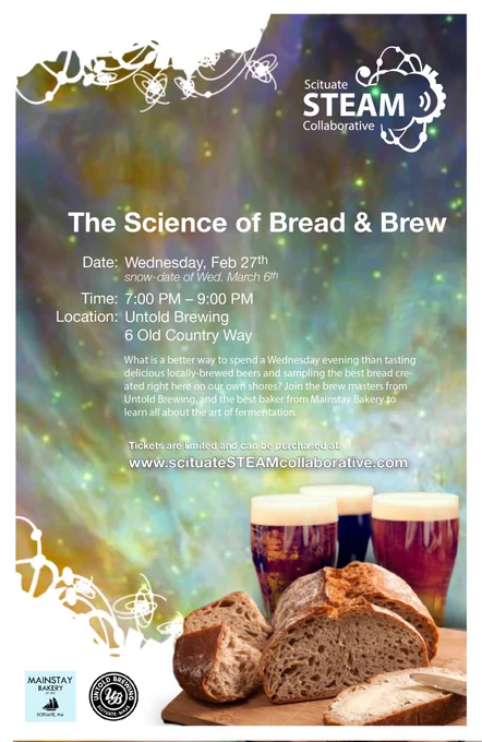 The Science of Bread & Brew - event flyer for fundraiser on 27 February at untold brewing in Scituate