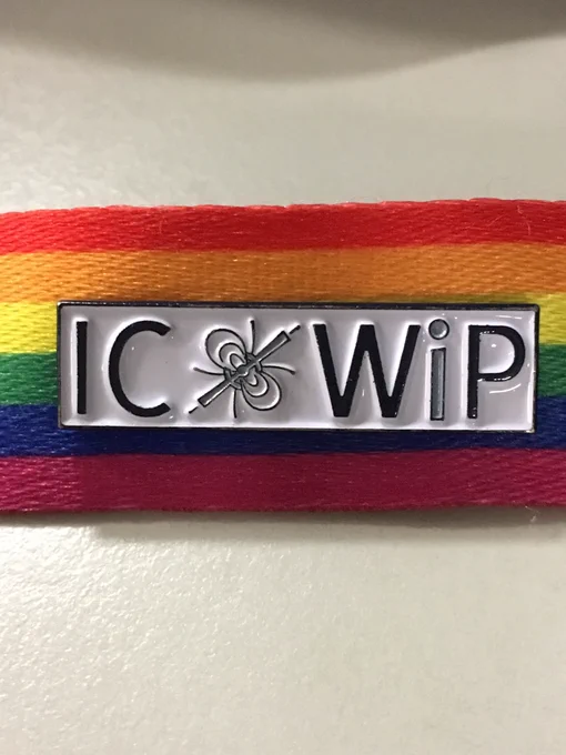 Imperial College women in physics badge on pride flag lanyard
