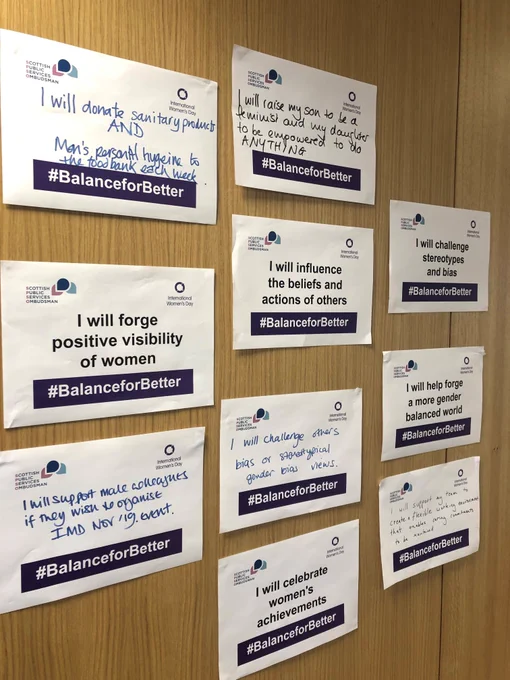 Wall with balance for better pledges.  Examples: "I will donate sanitary products and men's personal hygiene to the food bank each week." "I will raise my son to be a feminist and my daughter to be empowered to do ANYTHING."