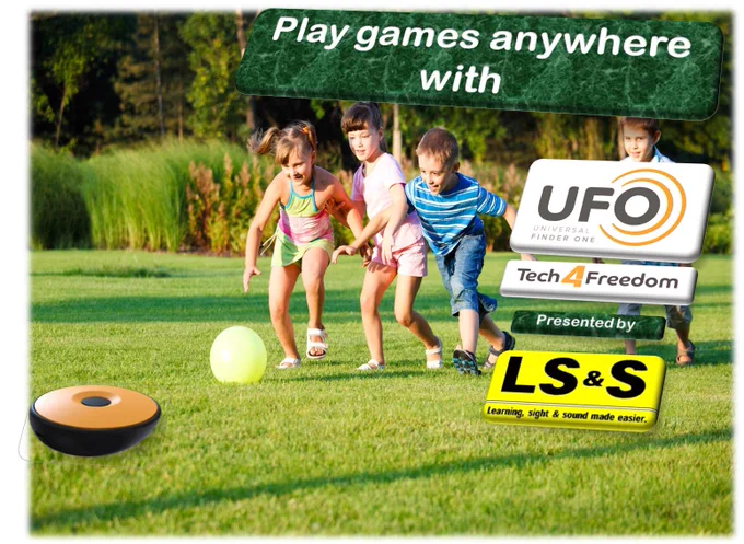 4 kids in a garden playing with a ball in a playground created by themselves, running after the ball towards the UFO, which the kids have placed behind the soccer goal