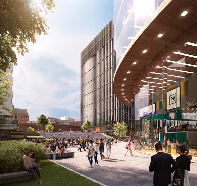 View from new public realm looking towards Vimto Park and the city centre