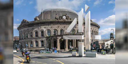 Channel 4 logo outside the Leeds Corn Exchange