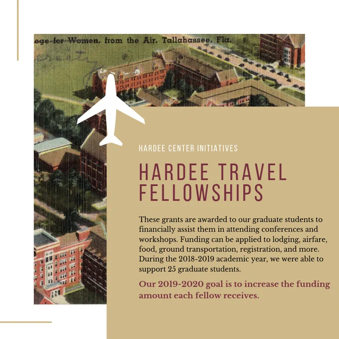 HARDEE TRAVEL FELLOWSHIPS: These grants are awarded to our graduate students to financially assist them in attending conferences and workshops. Funding can be applied to lodging, airfare, food, ground transportation, registration, and more. During the 2018-2019 academic year, we were able to support 25 graduate students. Our 2019-2020 goal is to increase the funding amount each fellow receives.