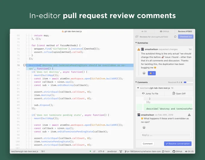 a screenshot of the in-editor pull request review comments flow within the Atom Editor.