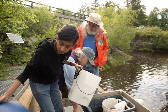 Vidya on a boat volunteering.