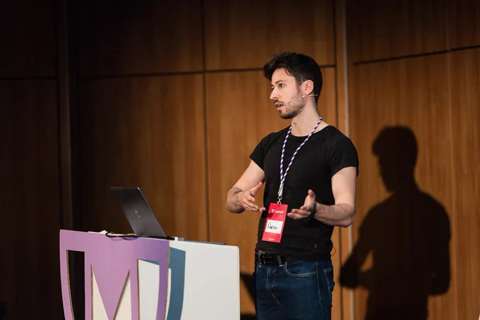 Close-up of Florian Rival speaking at typeof conf