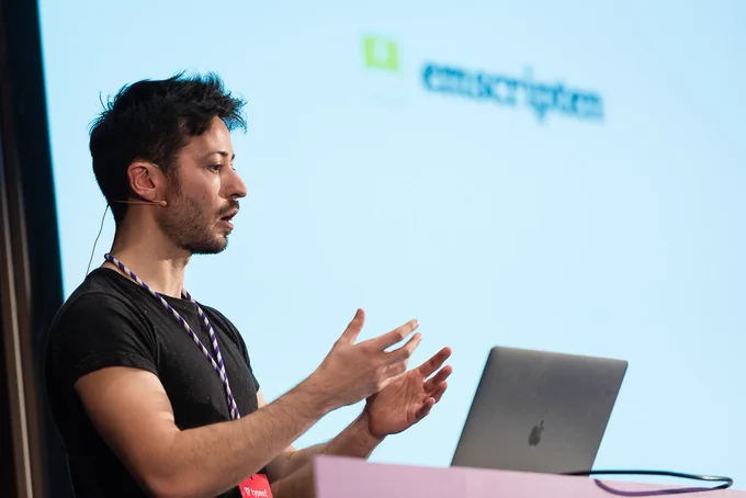 Close-up of Florian Rival speaking at typeof conf