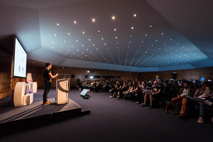 Wide shot of Florian Rival speaking at typeof conf