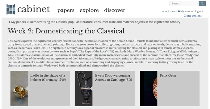 Screenshot of the 'Democratising the Classics' paper in Cabinet showing different objects for week 2