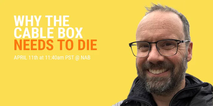 Jason Brush's headshot in front of a yellow background, he's speaking at the NAB conference.