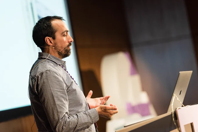 Close-up of José Fonseca speaking at typeof conf