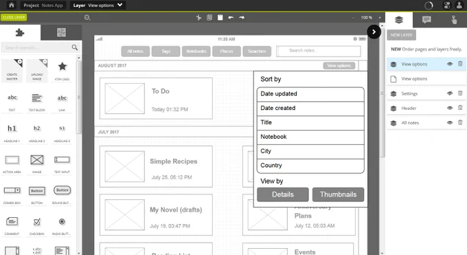 Pidoco's global layers make wireframing faster.