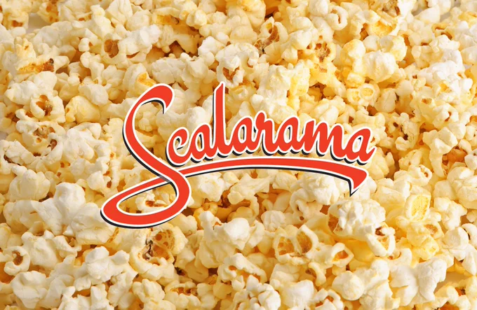 Pile of popcorn with the red cursive Scalarama logo on top