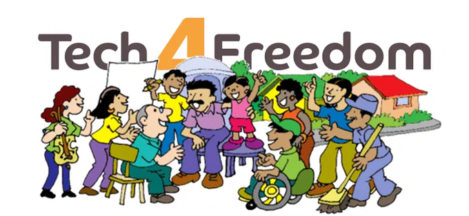 The vignette shows a group of happy citizens of all ages and conditions, surrounded by a nice neighborhood. The logo Tech4Freedom emerging from behind the picture in the upper side.