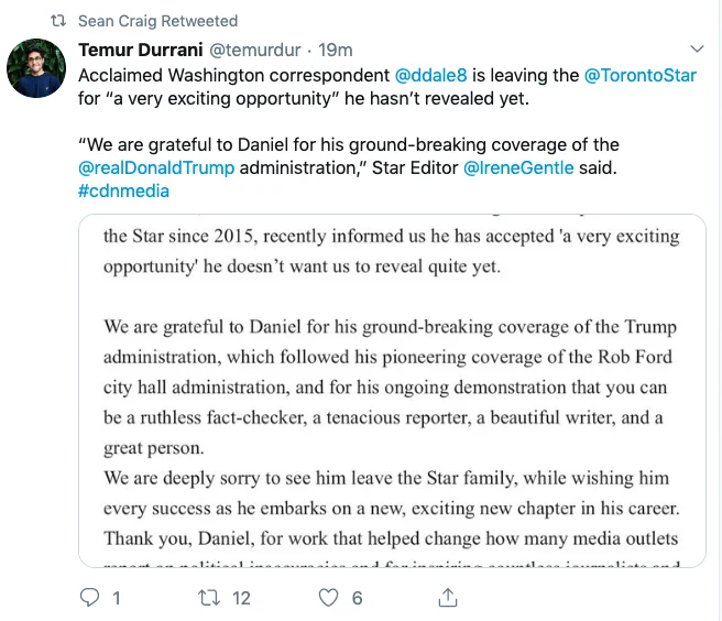 Tweet from Temur Durrani (@temurdur) saying that Daniel Dale will be leaving the Star for "a very exciting opportunity" he hasn't announced yet. There's a screenshot of a memo.
