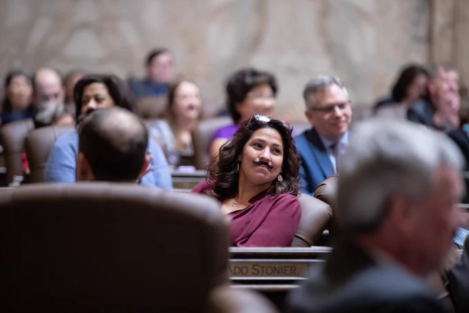 Rep. Monica Stonier with the "Frank Stache"
