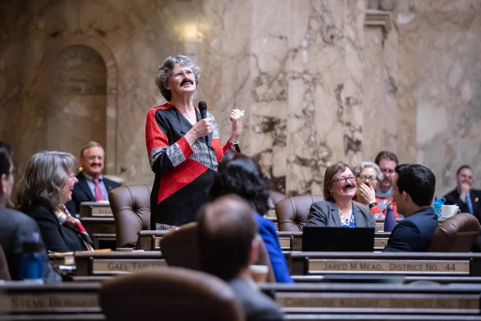 Rep. Eileen Cody with her "Frank Stache"