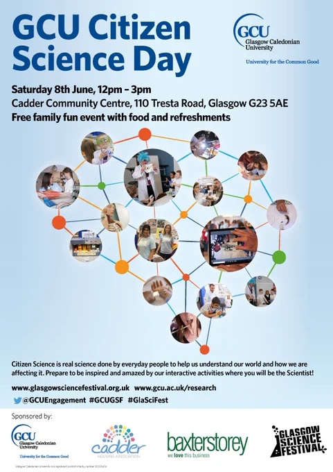Poster to promote GCU's Citizen Science Day at Cadder Community Centre, Tresta Road on Sat 8th June 12-3pm