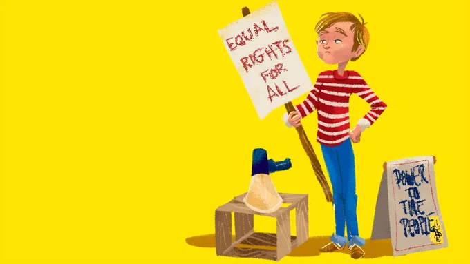 A child holding an 'equal rights for all' poster