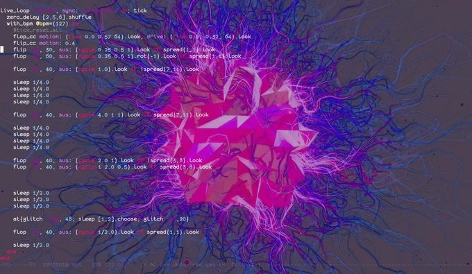 a screenshot from a song by repl-electric. It features an evolving, crystal-shape in the background whose form is being directed by live code being created on top of it