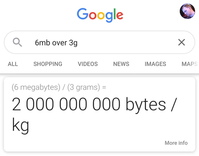 "6mb over 3g" returned calculation for 6 megabytes divided by 3 grams