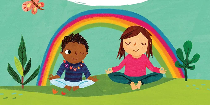 Two children sitting in yoga poses outside by a rainbow