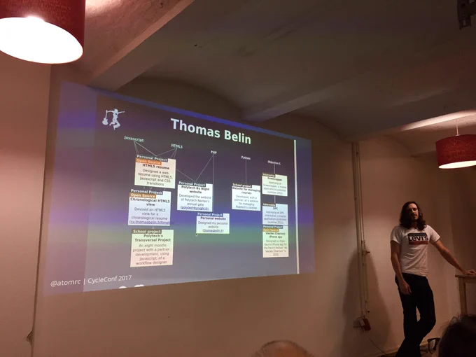 Thomas Belin on stage showing his old personal website.