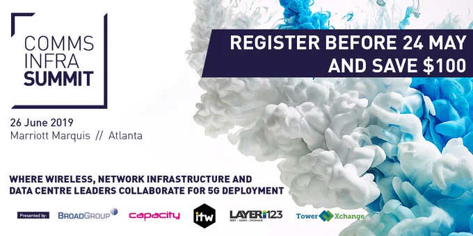 #CommsInfra: Don't forget to register before 24 May and SAVE $100 💸! 

Register HERE ➡️ http://bit.ly/2ZntBam  

Presented by: @BroadGroup_Intl @CapacityMedia @ITW_Telecoms @layer123live @TowerXchange

#Telecoms #Communication #Tech #5G #Wireless