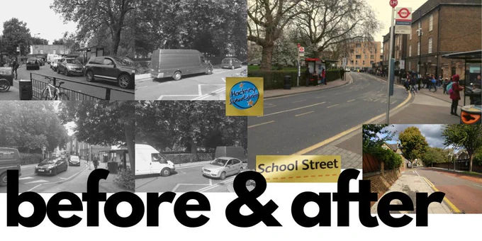 Photos of motor traffic clogging streets in front of a primary school before, & no motor traffic after, the implemention of a school street.