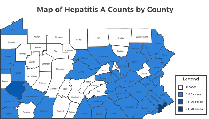 Map of Hepatitis A Counts by County