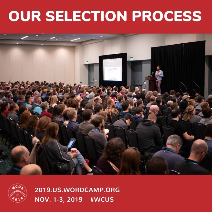 Photo of a WCUS speaking session in 2018 surrounding by a framing detailing the dates: Nov 1-3 2019