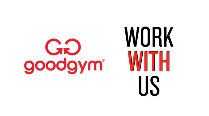 GoodGym double G logo with text saying "work with us" in black and red