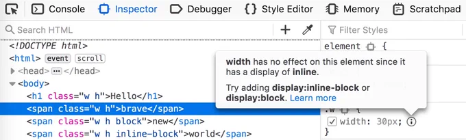 Screenshot of Firefox DevTools inspector. A span element is selected, with a CSS rule applying a width to it. A tooltip is displayed stating that the width is inactive because the element has a display of inline