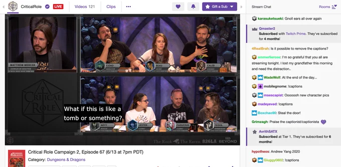 Screenshot of C2E067 live on Twitch. The live closed caption says, "What if this is like a tomb or something?"