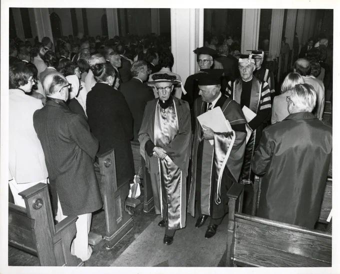 An academic procession for Convocation departs St. Basil's Church on the campus of the University of St. Michael's College in 1977.