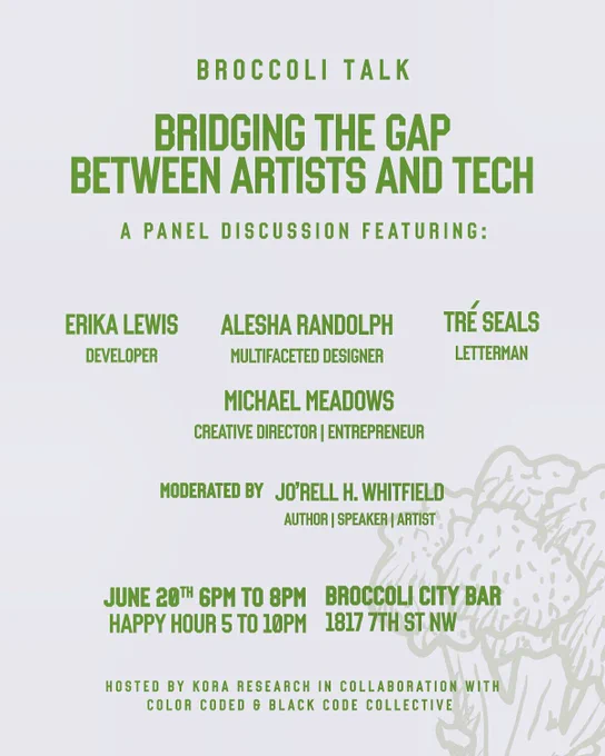 A Panel Discussion Featuring:

Erika Lewis, Alesha Randolph, Tré Seals, and Michael Meadows

Moderated by Jo’rell H. Whitfield

Happy Hour:

5 to 10pm
