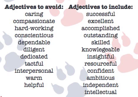 A list of adjectives to avoid (caring, compassionate, hard-working, conscientious, etc) and to include (successful, excellent, accomplished, outstanding, etc)