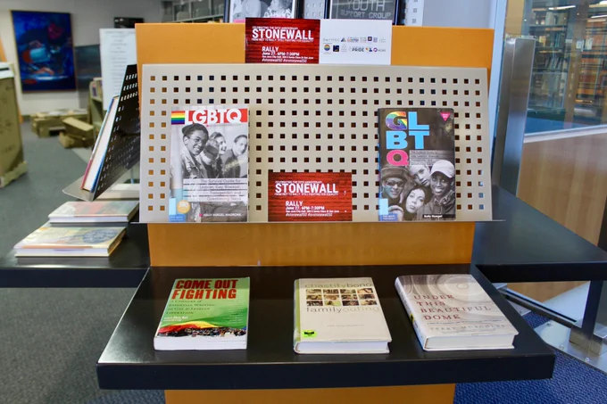 A bookshelf displaying LGBT  topics.