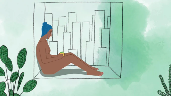 An illustration of a person looking out of a window