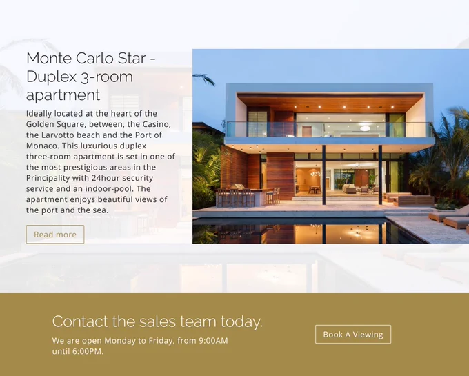 The section concludes with a call-to-action ribbon that encourages visitors to book a viewing; the ultimate goal of this webpage.