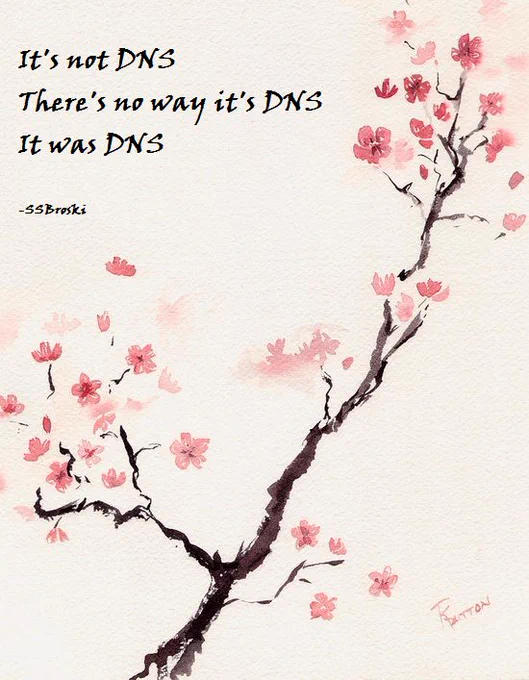 Hintergund im Stil japanischer Malerei, darauf ein "Haiku":
It's not DNS
– There's no way it's DNS
– It was DNS