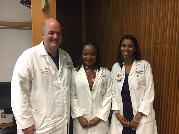Pictures from right to left, Dr. Holger Eltzschig (Chair, Anesthesiology), Dr. Omonele Nwokolo, and Dr. LaTanya Love (Vice President for Diversity, UTHealth)